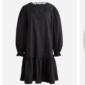 J. Crew Black Long Sleeve Cotton Dress with Lace Detail, knee length, XXL